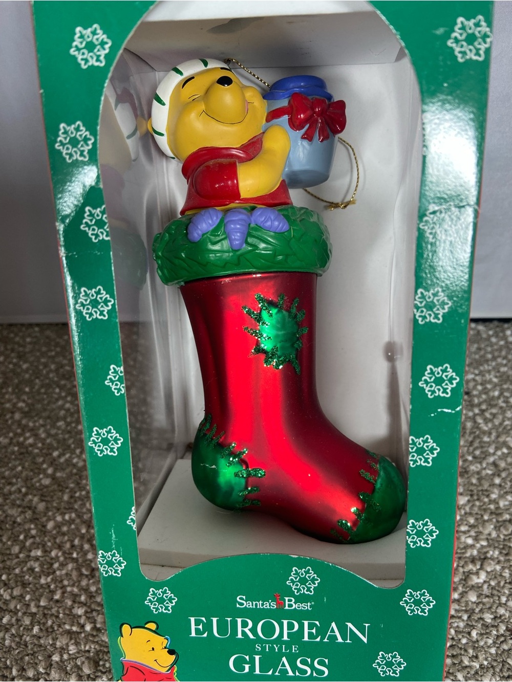 Winnie the Pooh Red & Green Stocking Ornament,European style Glass.